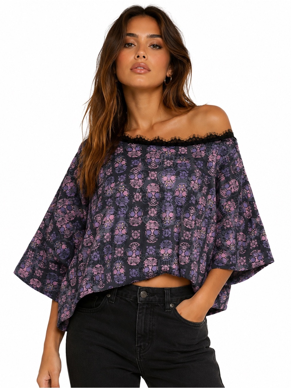 Skull print soft fleece lined sweatshirt illusion mesh lace dolman oversize top